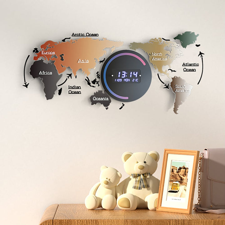 World Map Digital Wall Clock with LED Display