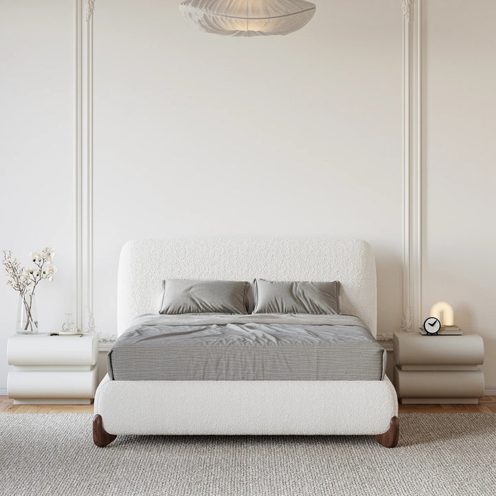 Curve Boucle Upholstered Platform Bed with Walnut Legs