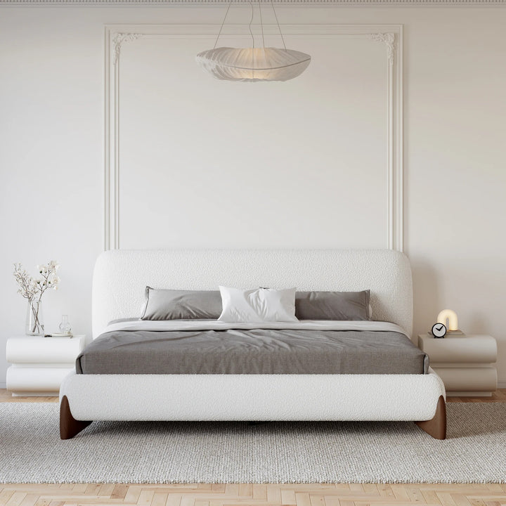 Curve Boucle Upholstered Platform Bed with Walnut Legs