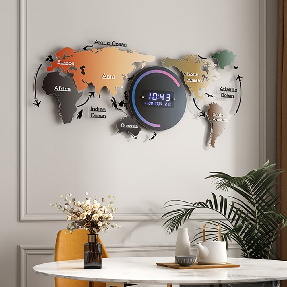World Map Digital Wall Clock with LED Display