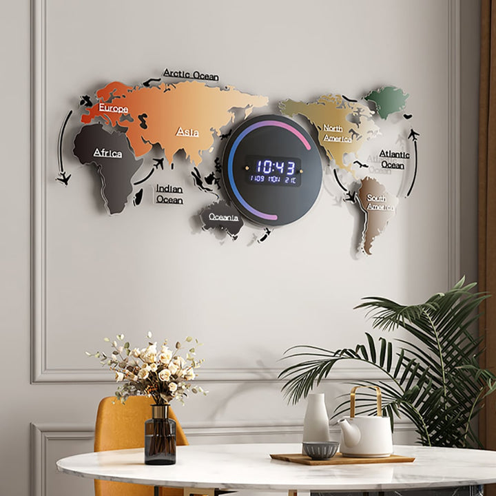 World Map Digital Wall Clock with LED Display