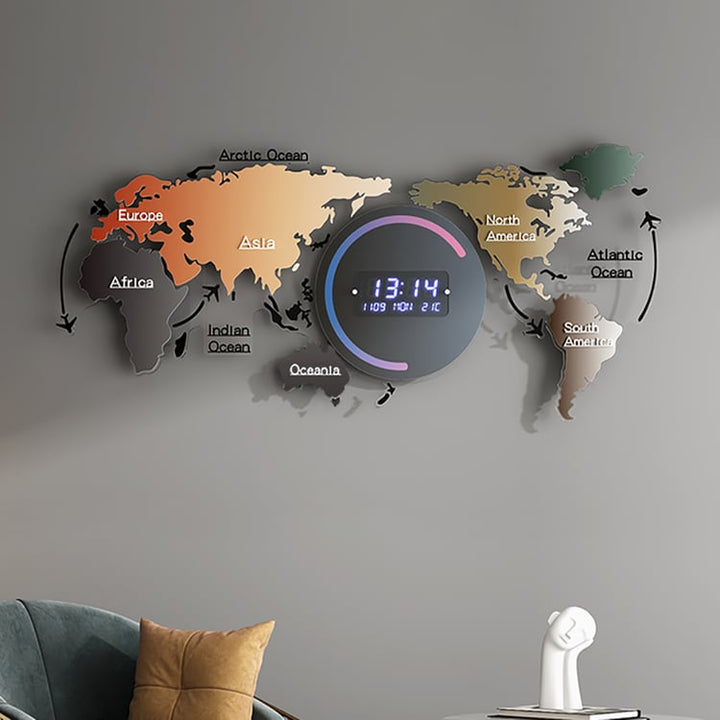 World Map Digital Wall Clock with LED Display