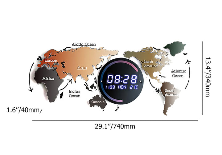 World Map Digital Wall Clock with LED Display