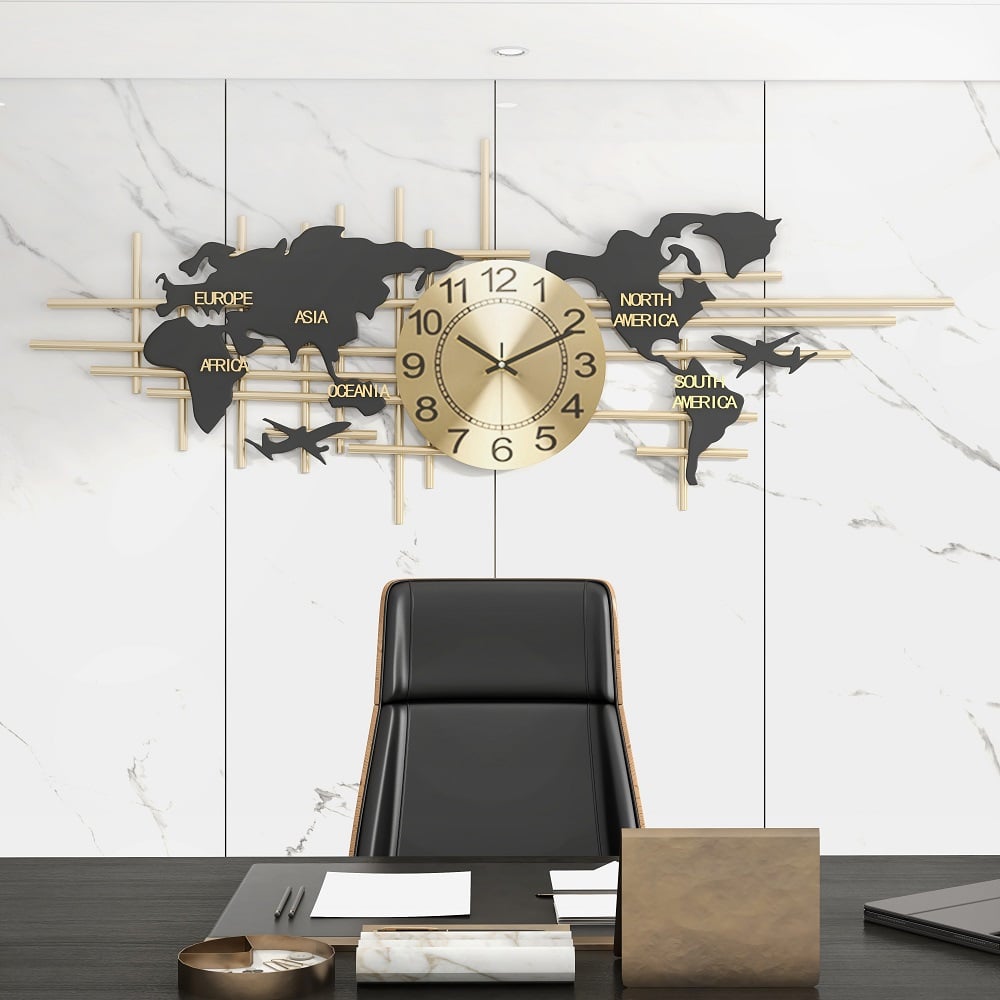 World Map Large Metal Wall Clock Decor_960mm