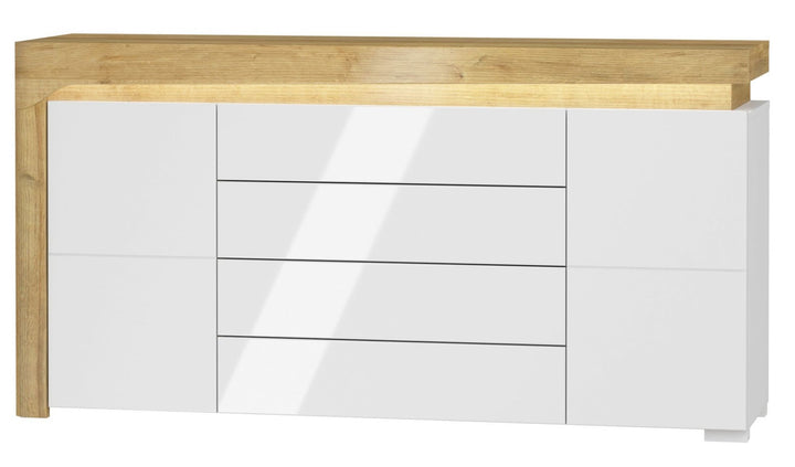 Iris Oak Effect And White Gloss 2 Door / 4 Drawer Sideboard With Lights