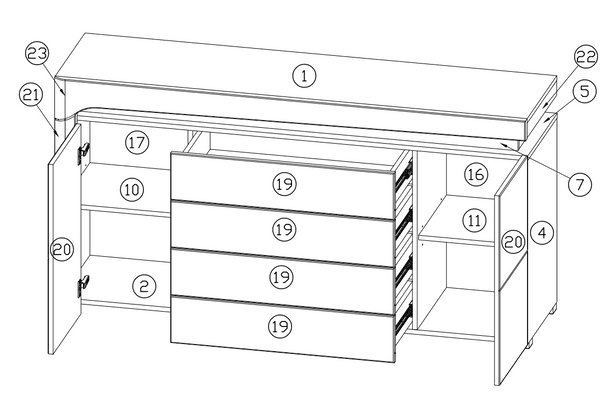 Iris Oak Effect And White Gloss 2 Door / 4 Drawer Sideboard With Lights