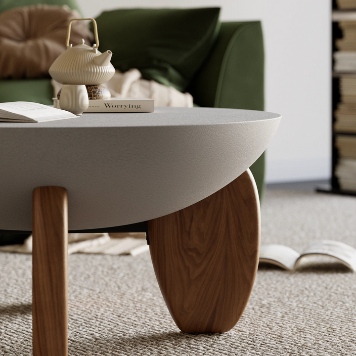 Concrete bowl Coffee Table with Wood Legs