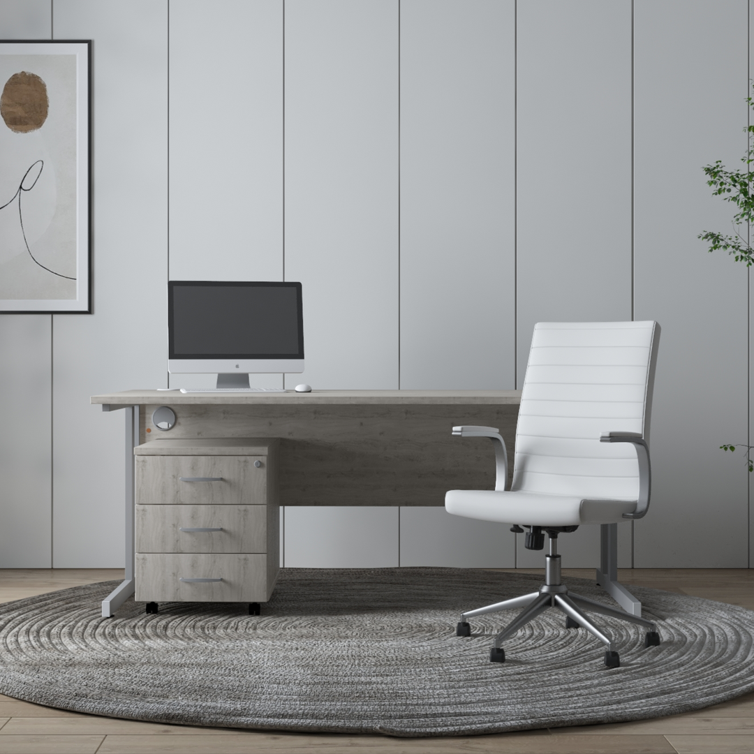 Impulse 1600mm Cantilever Straight Desk With Mobile Pedestal and Ezra White Executive Chair