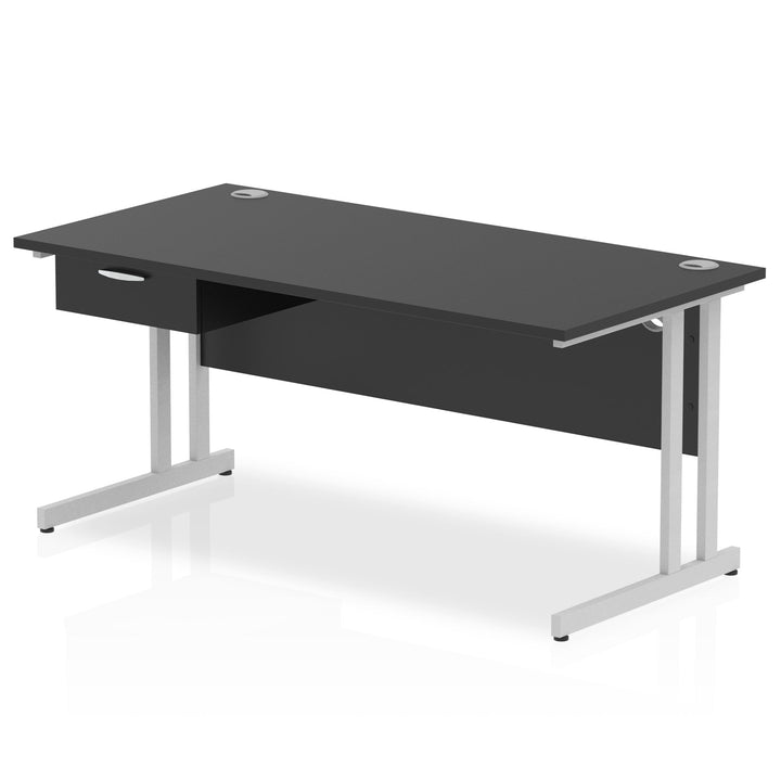 Impulse Cantilever Straight Desk Silver Frame With Single One Drawer Fixed Pedestal