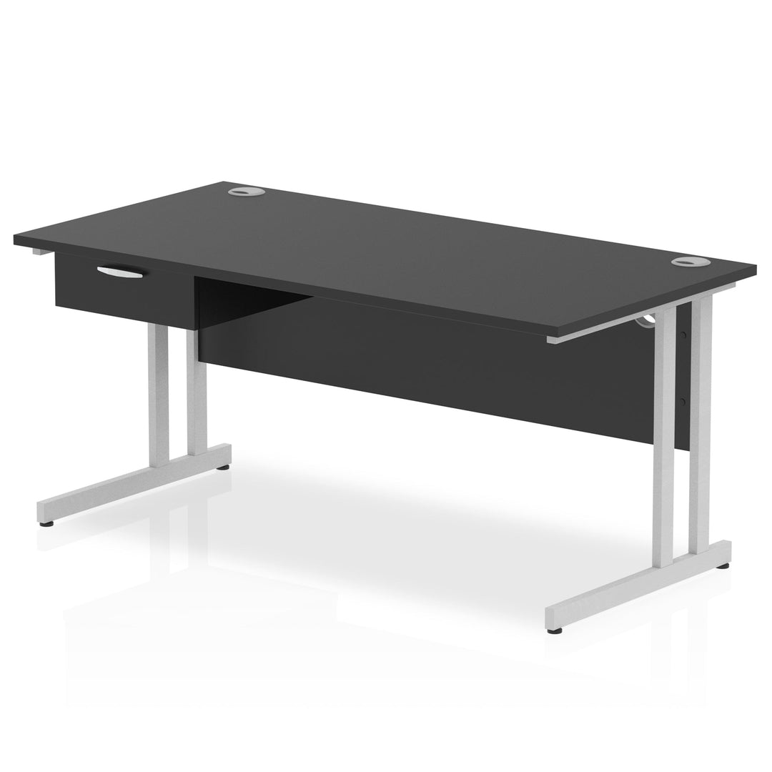 Impulse Cantilever Straight Desk Silver Frame With Single One Drawer Fixed Pedestal