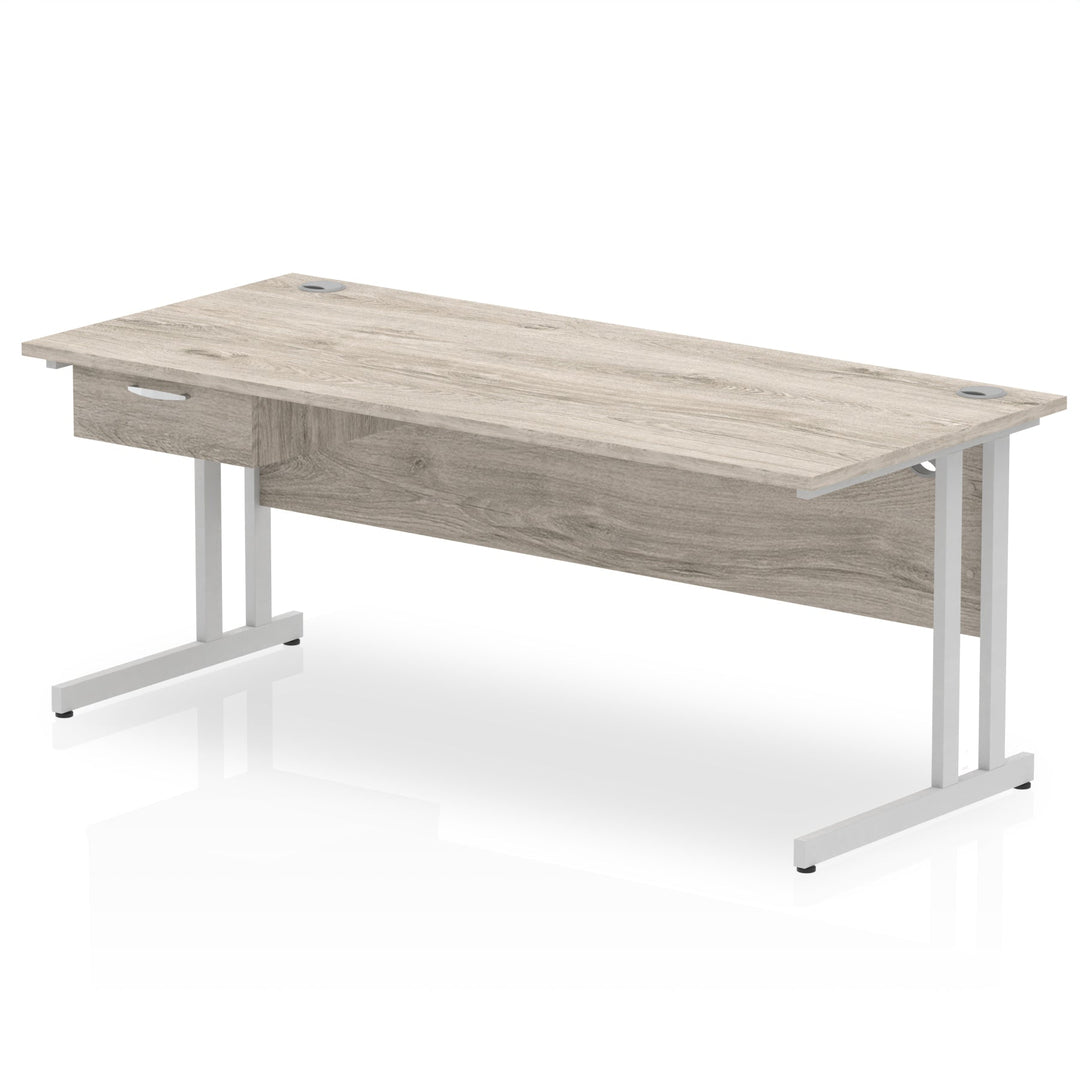 Impulse Cantilever Straight Desk Silver Frame With Single One Drawer Fixed Pedestal