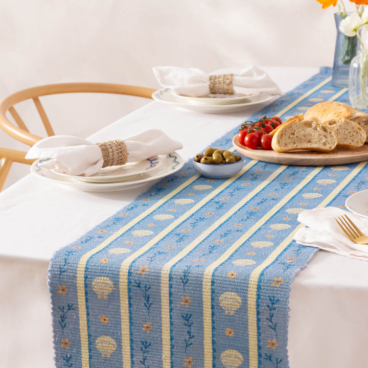 SEA SHELLS 220X35 TABLE RUNNER BLUE