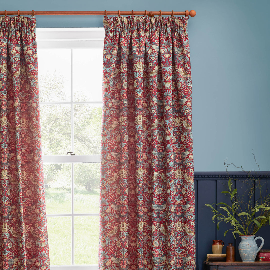 STRAWBERRY THIEF JACQUARD 167X137 PENCIL PLEAT CURTAINS BERRY