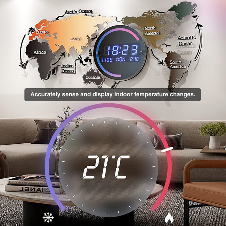 World Map Digital Wall Clock with LED Display