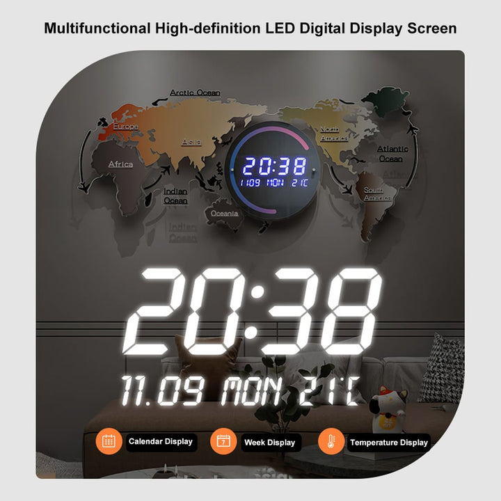 World Map Digital Wall Clock with LED Display