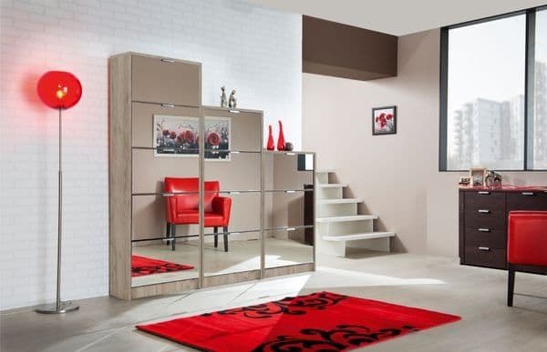 Tulip Mirrored and Oak Effect Tall 4 Drawer Shoe Cabinet