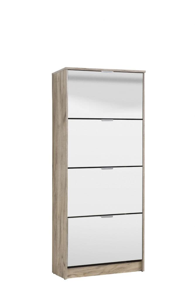Tulip Mirrored and Oak Effect Tall 4 Drawer Shoe Cabinet