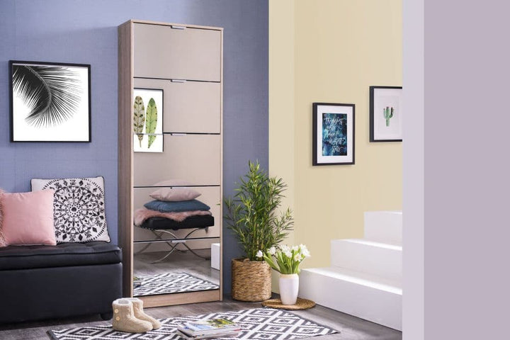 Tulip Mirrored and Oak Effect Tall 5 Drawer Shoe Cabinet