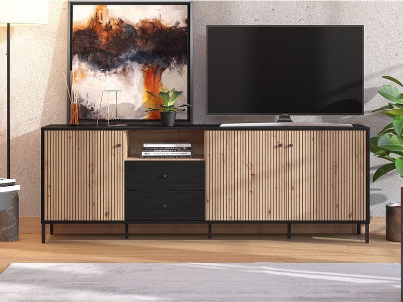 Daisy Slatted Artisan Oak Effect And Black TV Unit