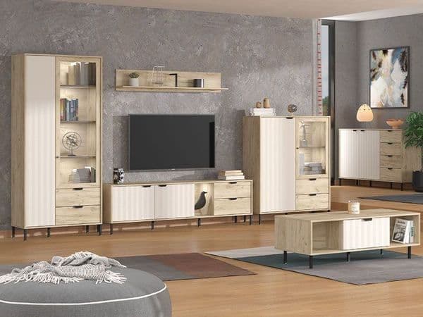 Daisy Grey Oak Effect And Cashmere Slatted 2 Door Display Cabinet