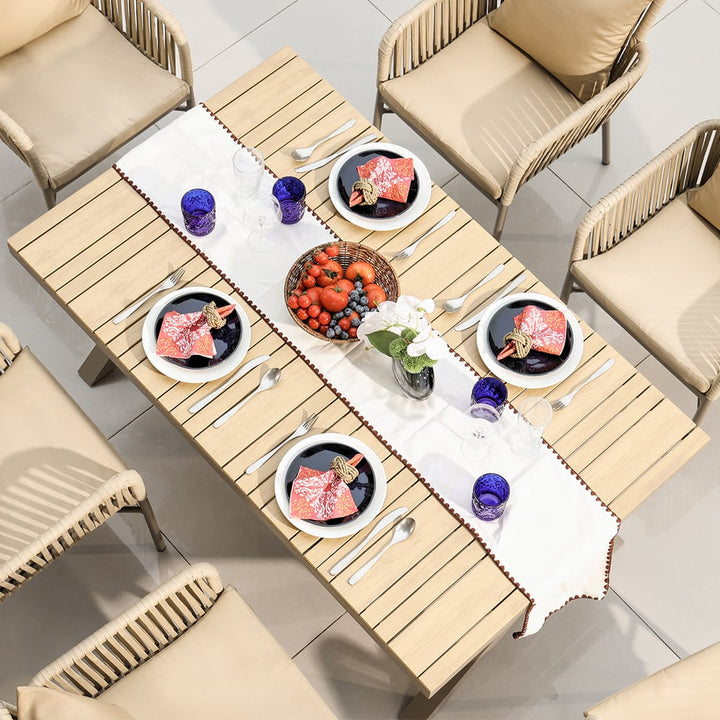 7 Pieces Outdoor Dining Set Trestle Table and 6 Woven Rattan Armchair