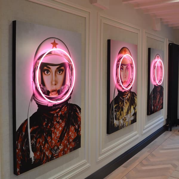 Neon - Space Girl In Red With Logos 100X150, 100cm x 150cm - Andrew Martin