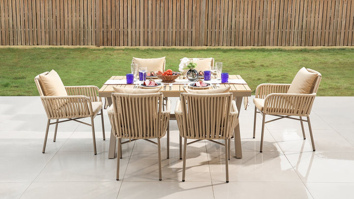 7 Pieces Outdoor Dining Set Trestle Table and 6 Woven Rattan Armchair