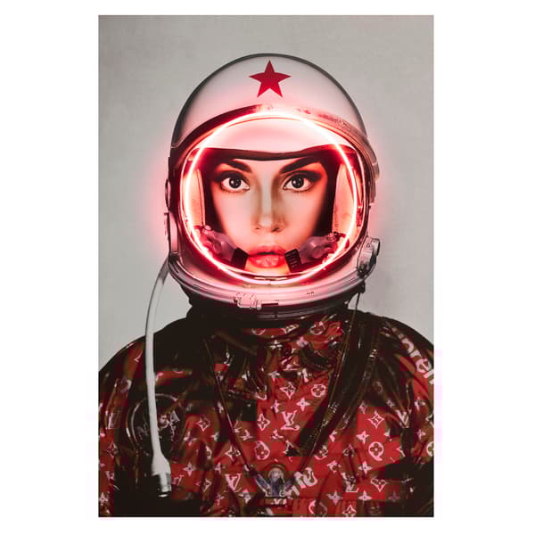Neon - Space Girl In Red With Logos 100X150, 100cm x 150cm - Andrew Martin