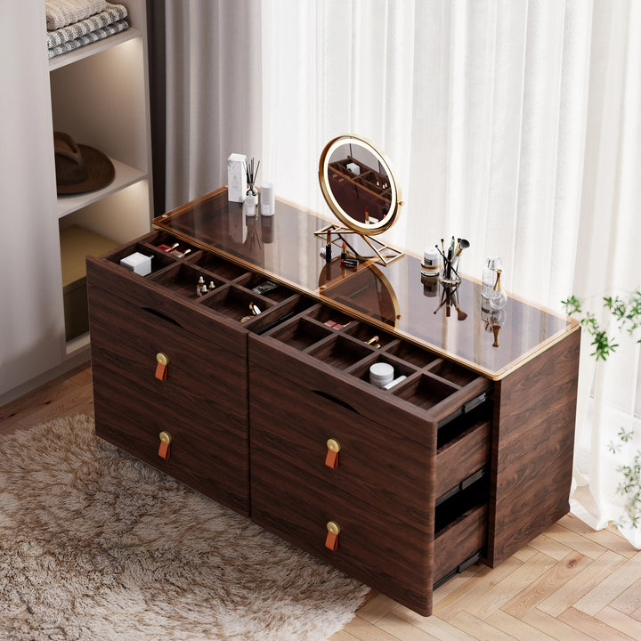 Walnut Chanor Champaign Glass Top 6-Drawer Dresser