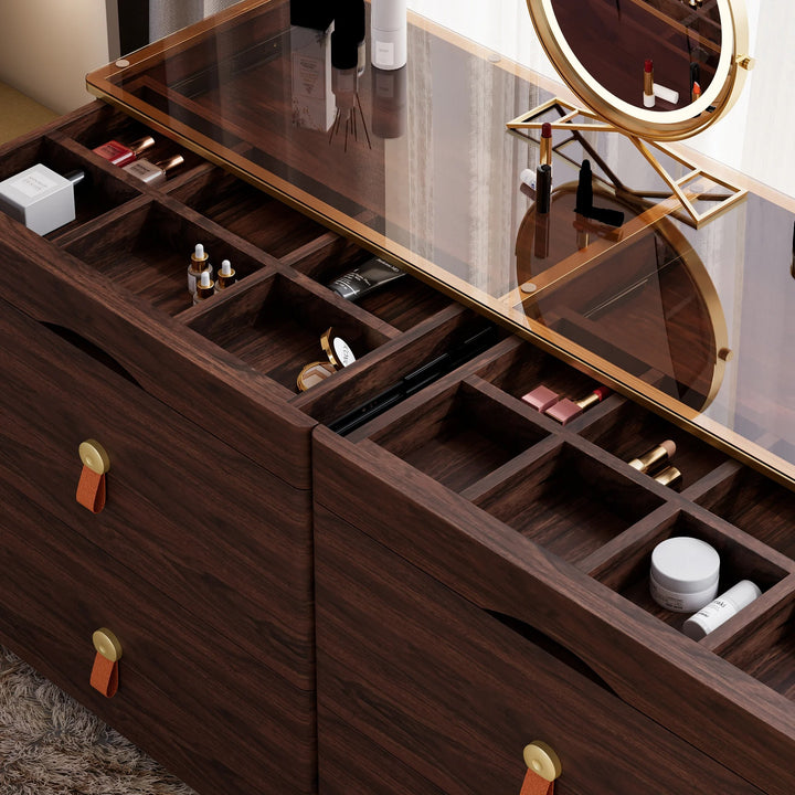 Walnut Chanor Champaign Glass Top 6-Drawer Dresser