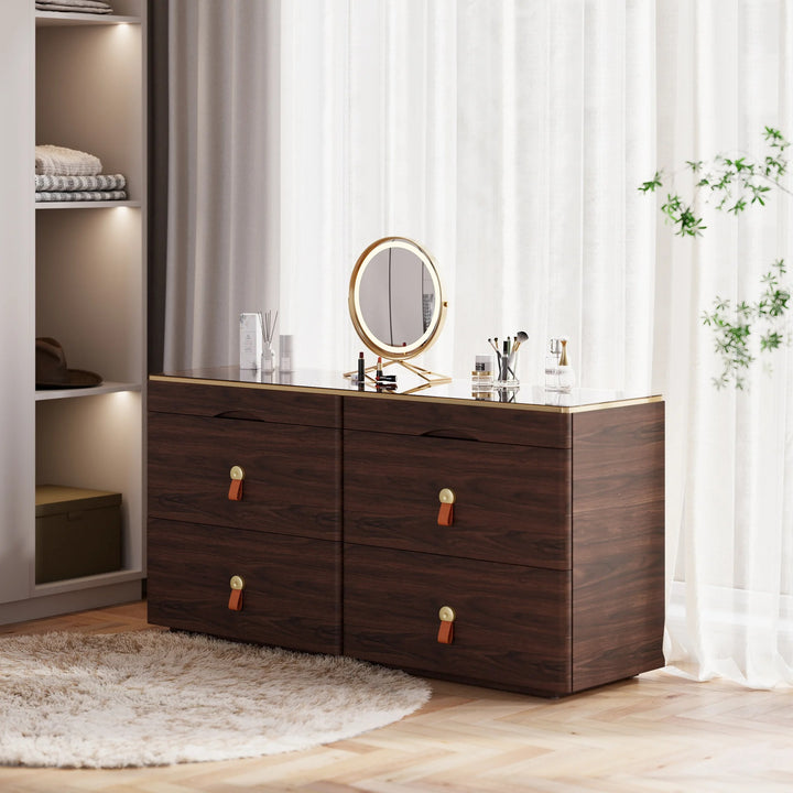 Walnut Chanor Champaign Glass Top 6-Drawer Dresser