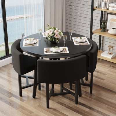 Round Small Dining Table Set Nesting with Upholstered 4 Chairs