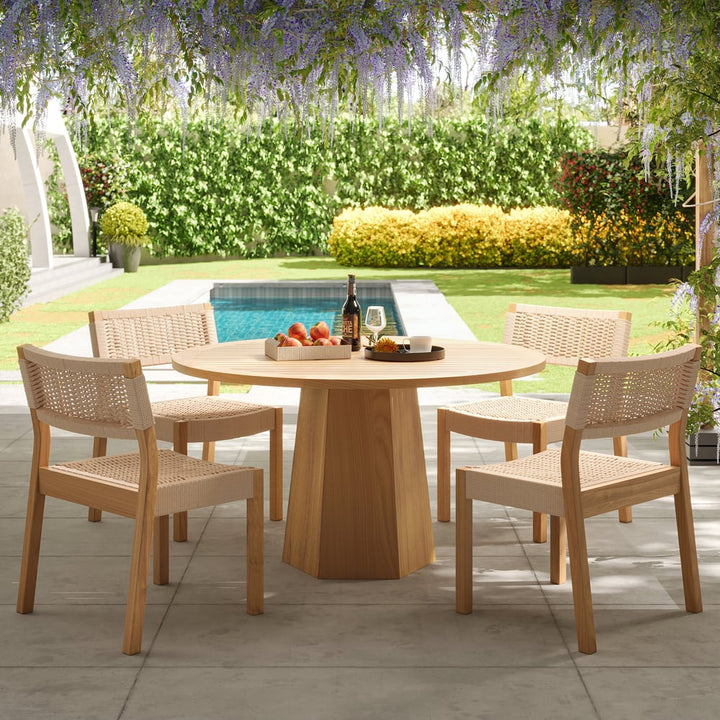 5-pieces Outdoor Natural Teak Round Table & Rope-woven Chair Set