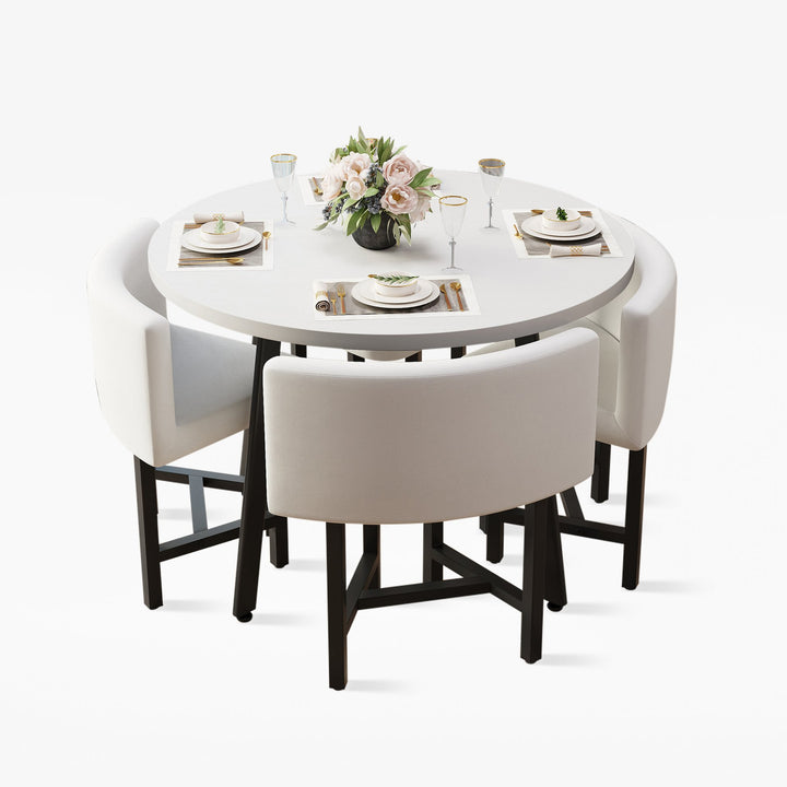 Round Small Dining Table Set Nesting with Upholstered 4 Chairs