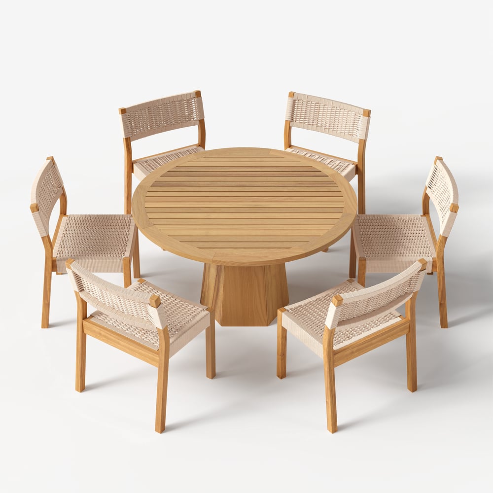 5-pieces Outdoor Natural Teak Round Table & Rope-woven Chair Set
