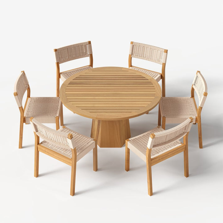 5-pieces Outdoor Natural Teak Round Table & Rope-woven Chair Set