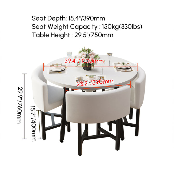 Round Small Dining Table Set Nesting with Upholstered 4 Chairs
