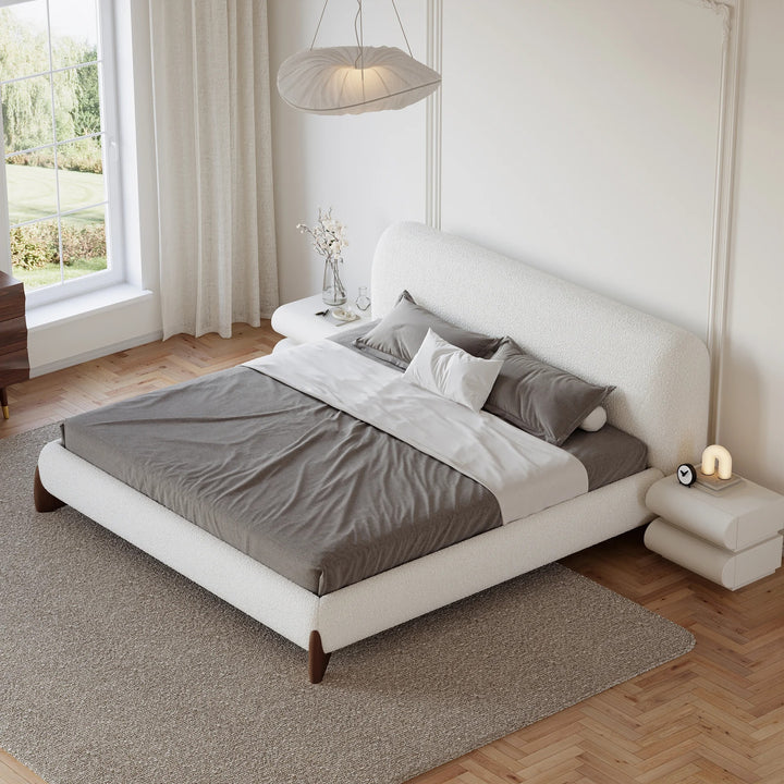 Curve Boucle Upholstered Platform Bed with Walnut Legs