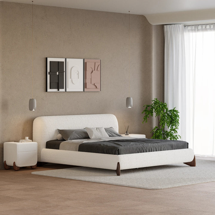 Curve Boucle Upholstered Platform Bed with Walnut Legs