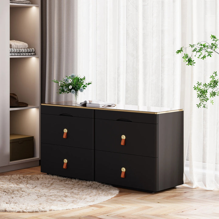 Black Chanor Champaign Glass Top 6-Drawer Dresser