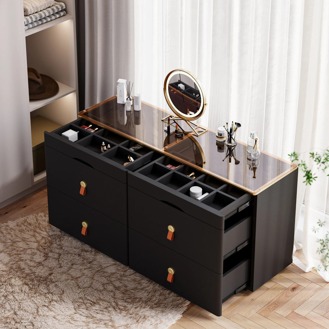 Black Chanor Champaign Glass Top 6-Drawer Dresser