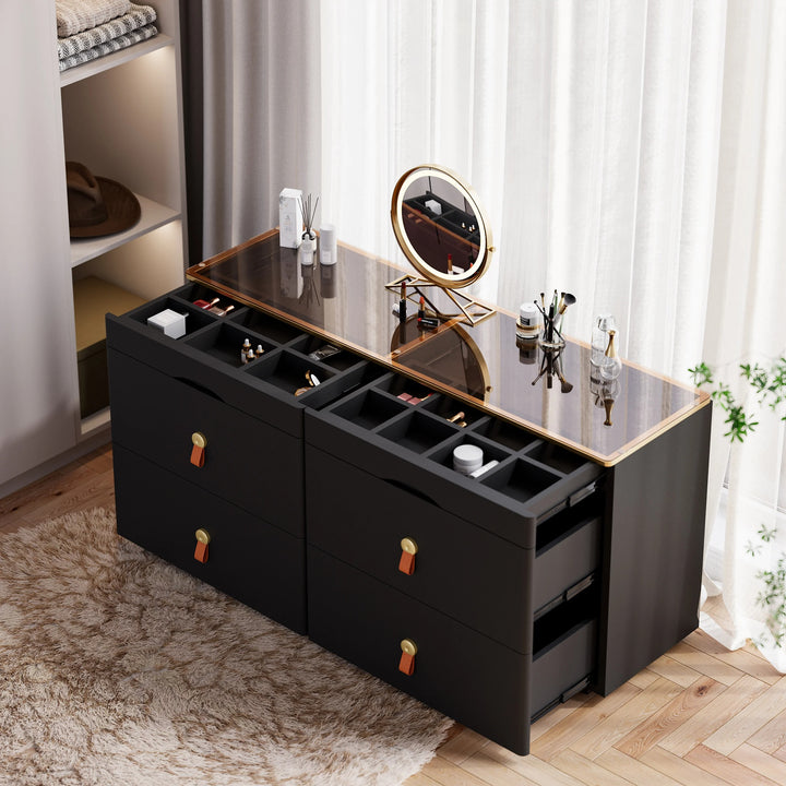 Black Chanor Champaign Glass Top 6-Drawer Dresser
