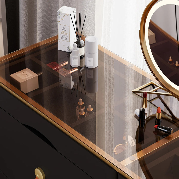 Black Chanor Champaign Glass Top 6-Drawer Dresser