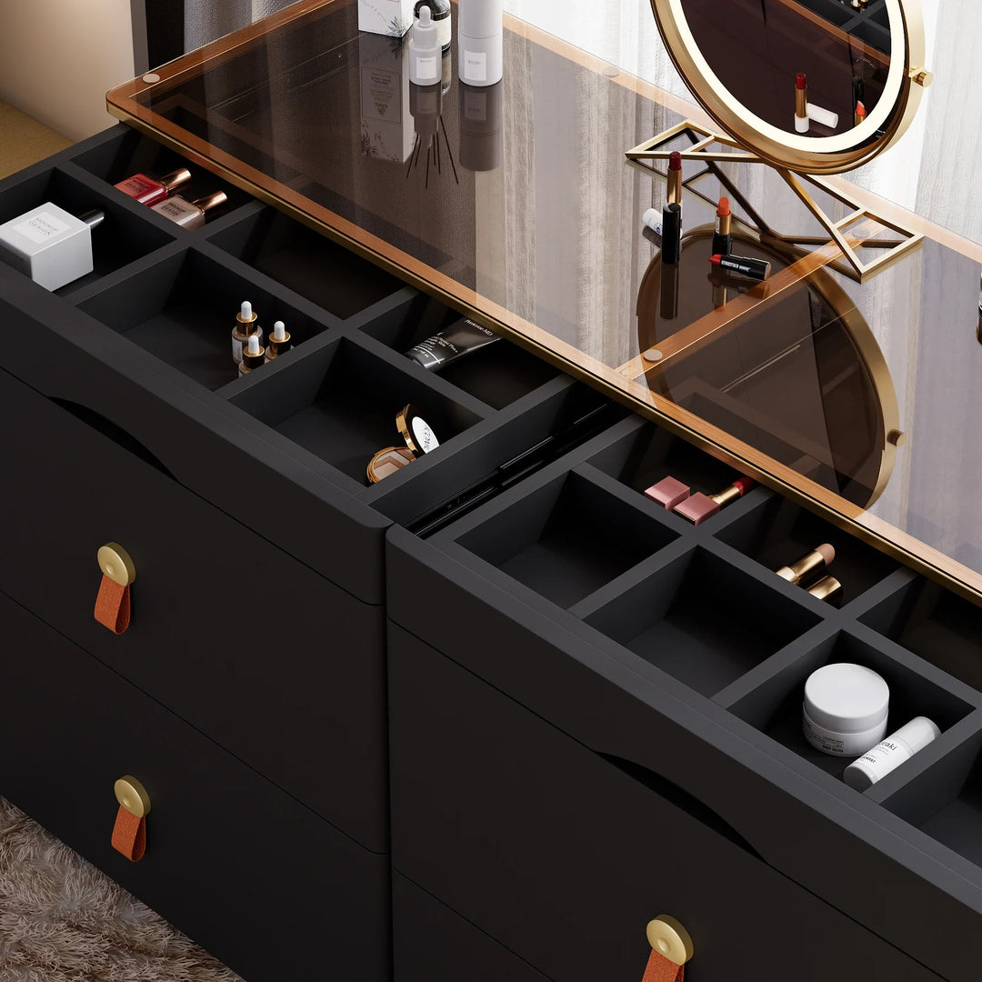 Black Chanor Champaign Glass Top 6-Drawer Dresser