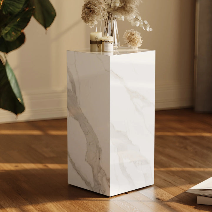 White Sintered Stone Plinth Pedestal Stand & Side Table