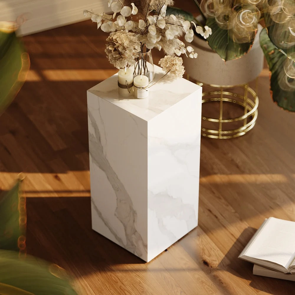 White Sintered Stone Plinth Pedestal Stand & Side Table
