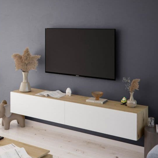 Iris Nordic Oak Effect And White Wall Mounted Floating Wide Large TV Unit