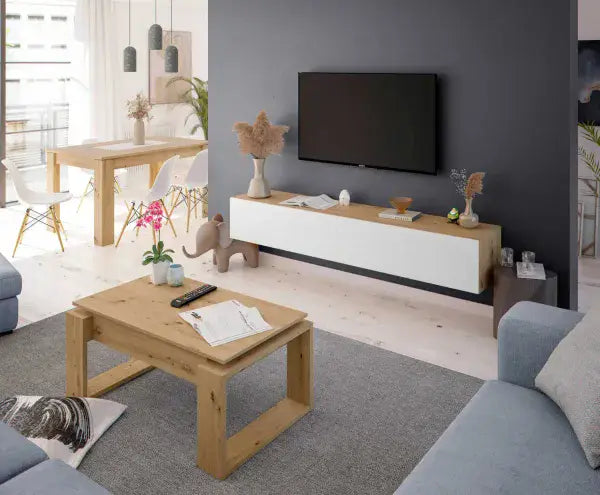 Iris Nordic Oak Effect And White Wall Mounted Floating Wide Large TV Unit