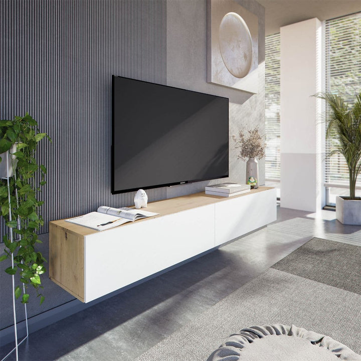 Iris Nordic Oak Effect And White Wall Mounted Floating Wide Large TV Unit