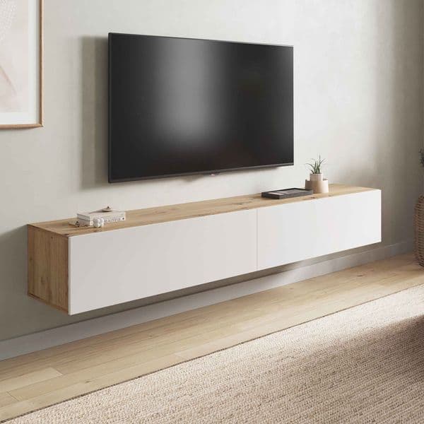 Iris Nordic Oak Effect And White Wall Mounted Floating Wide Large TV Unit